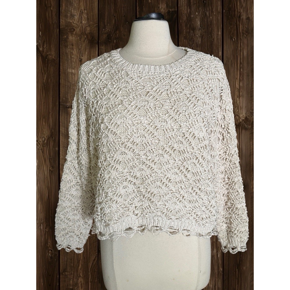 Storia Lace Crochet Ivory Oversized 50"B Cropped Sweater Sz M Womens 3/4 Sleeves